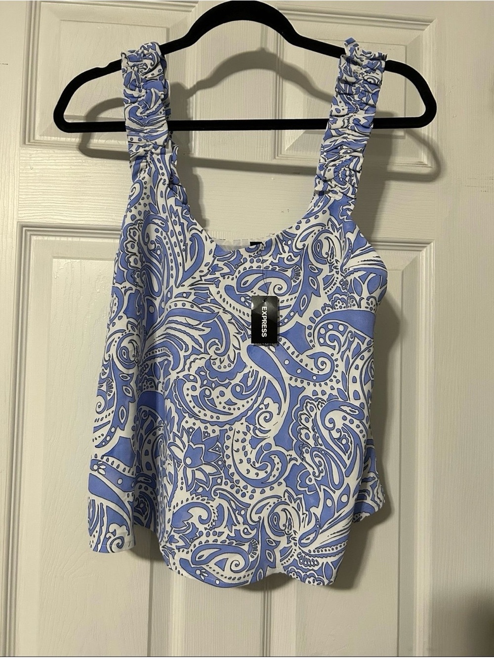 Express Blue & White Paisley Ruffle-Strap Camisole tank top